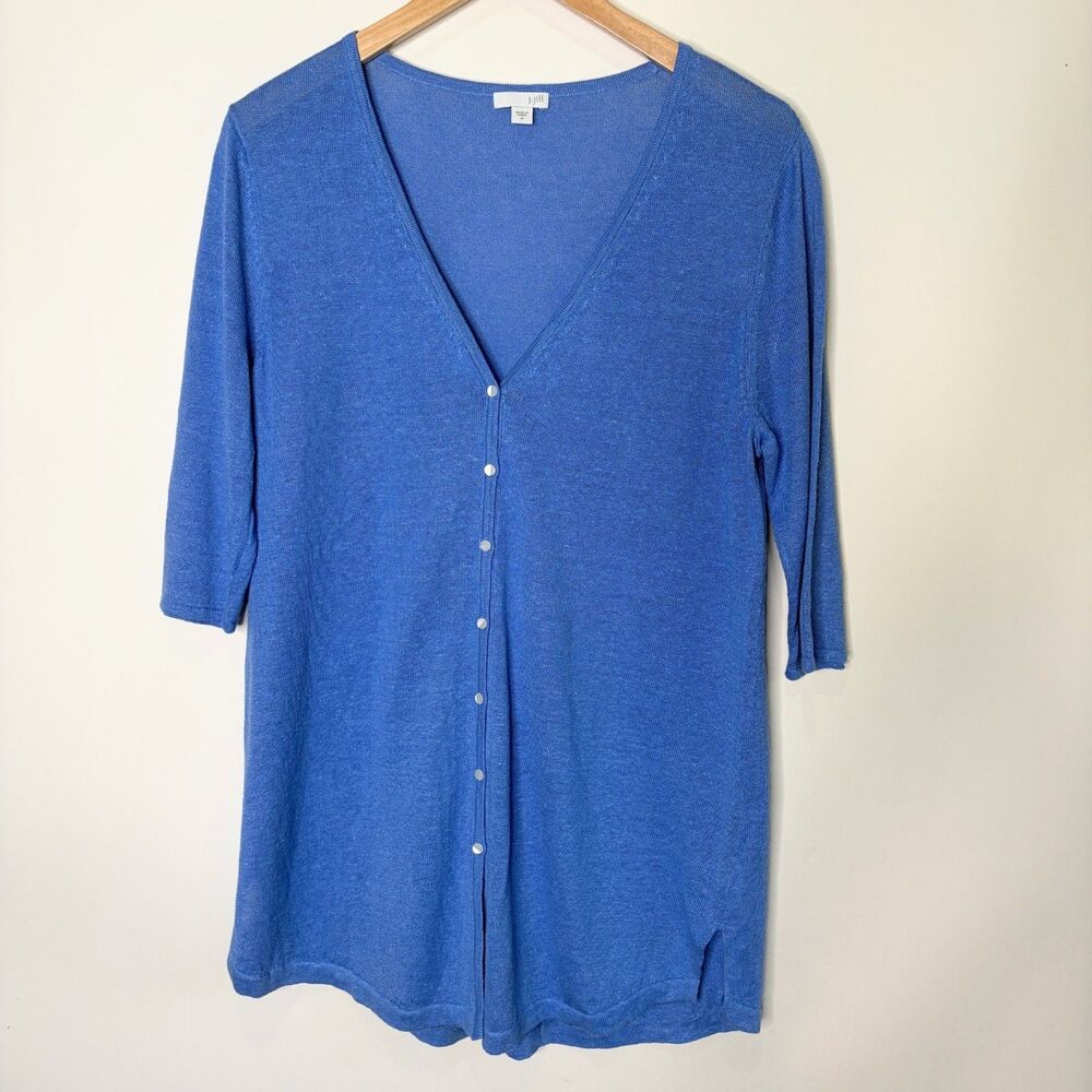 J Jill Cardigan Button Up Light Weight Blue V-Neck Linen Blend Nautical Women M